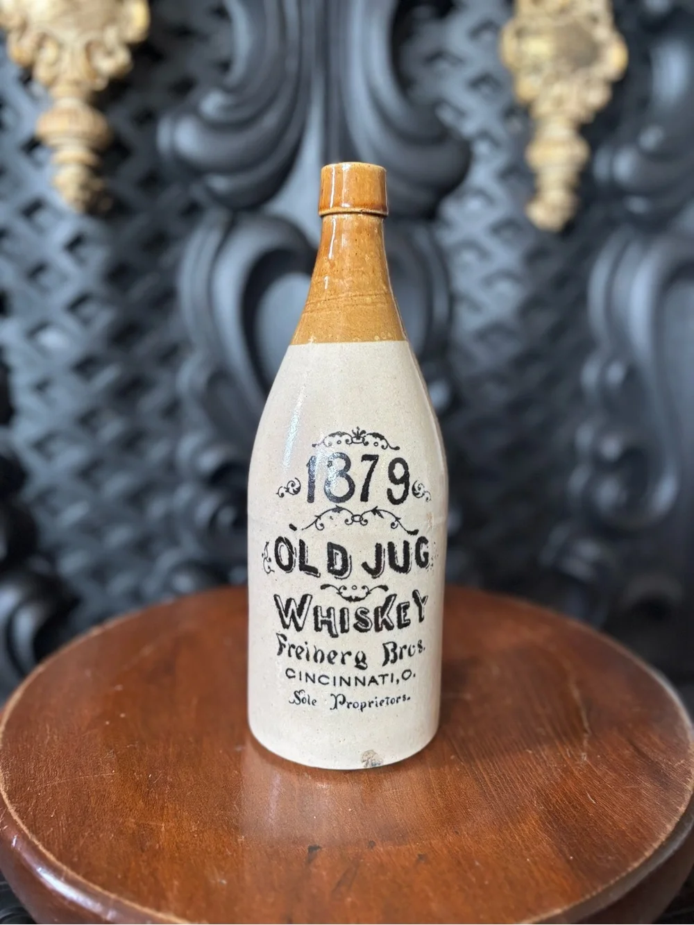 Vintage 1879 Old Jug Whiskey Freiberg Bros. Cincinnati Stoneware Bottle